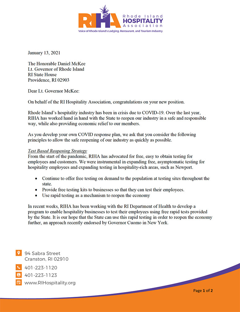 Letter to Lt. Governor McKee